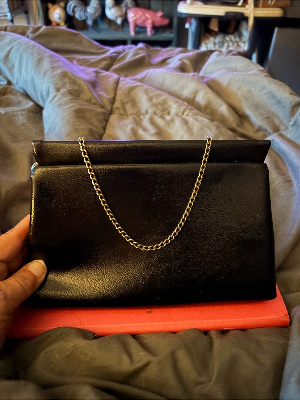 Classic Black Leatherette Chain-Handle Clutch